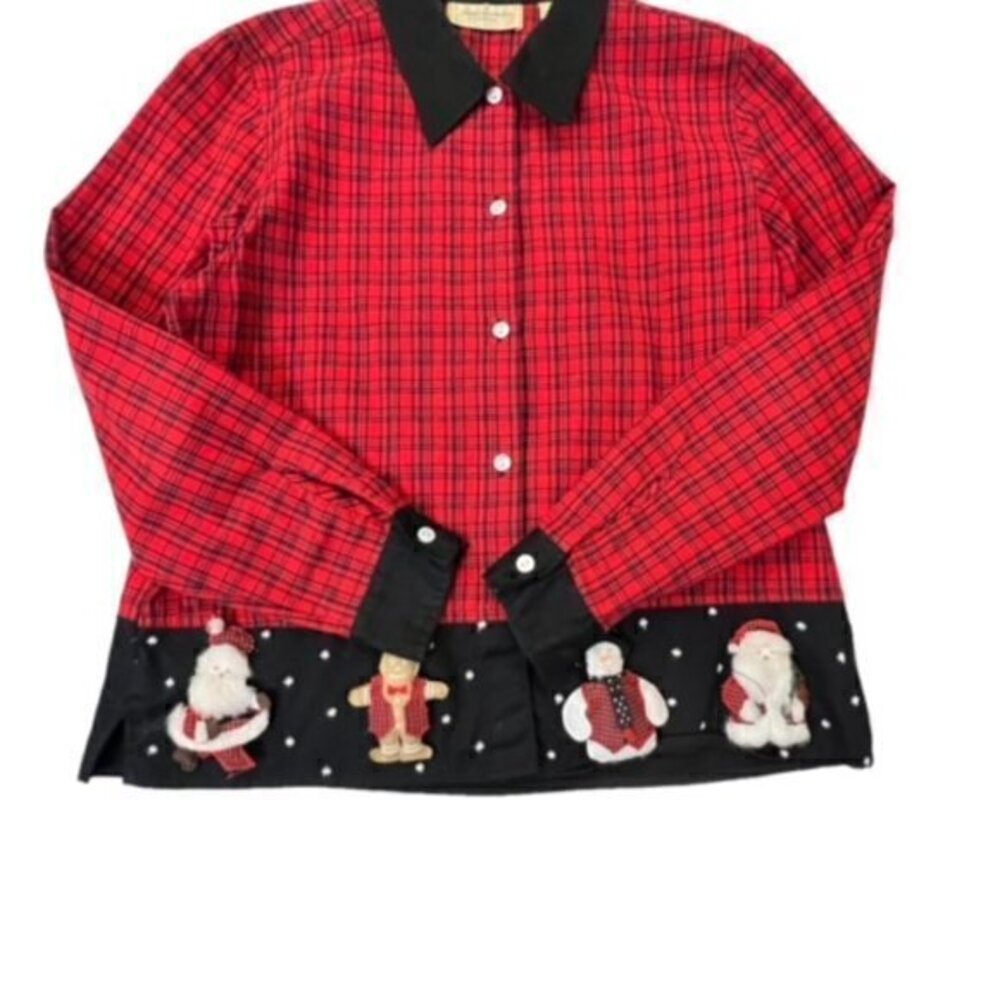 Christmas Shirt‎ Womens Button Up Red Checkered 3D Winter Dolls EUC Lemon Grass - Picture 7 of 12